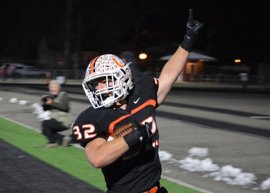 Billings Senior linebacker Blake Allred celebrates a touchdown against Kalispell Glacier in the Class AA state football championship at Daylis Stadium.