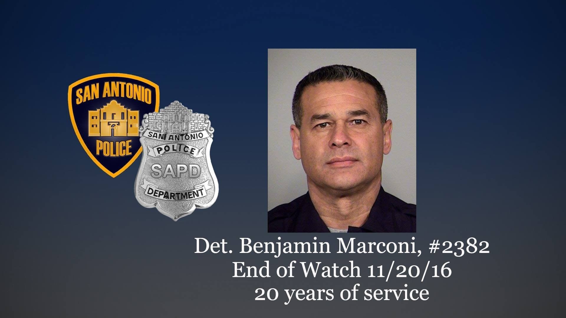 Investigators in San Antonio are continuing their search for a gunman who they say killed officer Ben Marconi during a traffic stop. (Credit:	San Antonio Police)