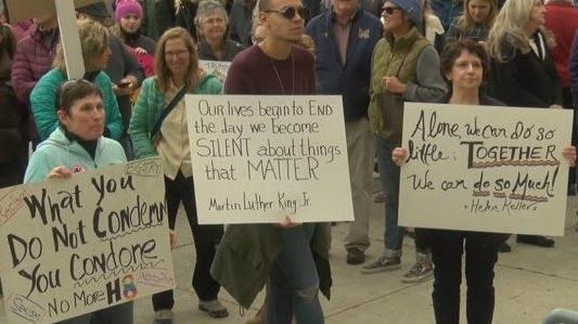 Hundreds of people gathered in Bozeman on Sunday to protest President-elect Donald Trump. (MTN News photo)