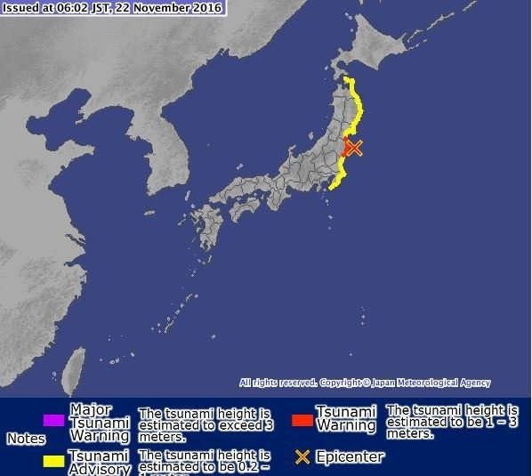 A tsunami warning is in effect for Japan's Fukushima Prefecture after a 7.3-magnitude earthquake struck off of Honshu at 5:59 a.m. Tuesday (3:59 p.m. Monday ET), according to the Japan Meteorological Agency.