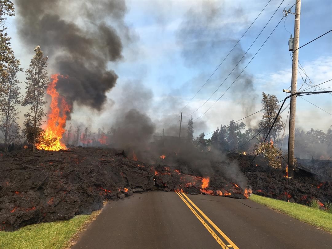 Lava from fissure 7 slowly advanced to the northeast on Hookapu Street in Leilani Estates subdivision on May 6, 2018. (Source: USGS)